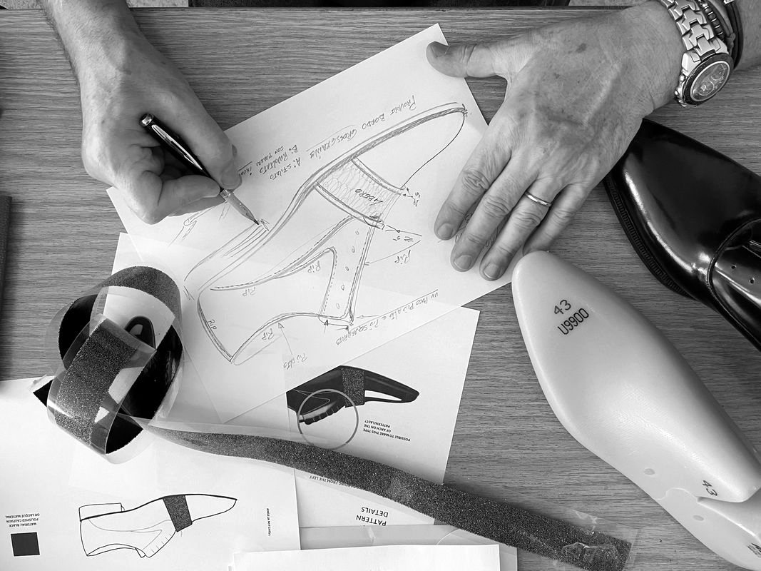 Designing a shoe with technical sketches and a last