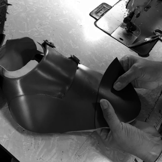 Stitching a leather upper at the sewing machine