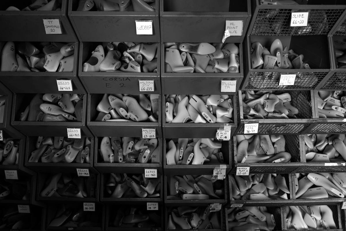 Racks of shoe lasts in the factory