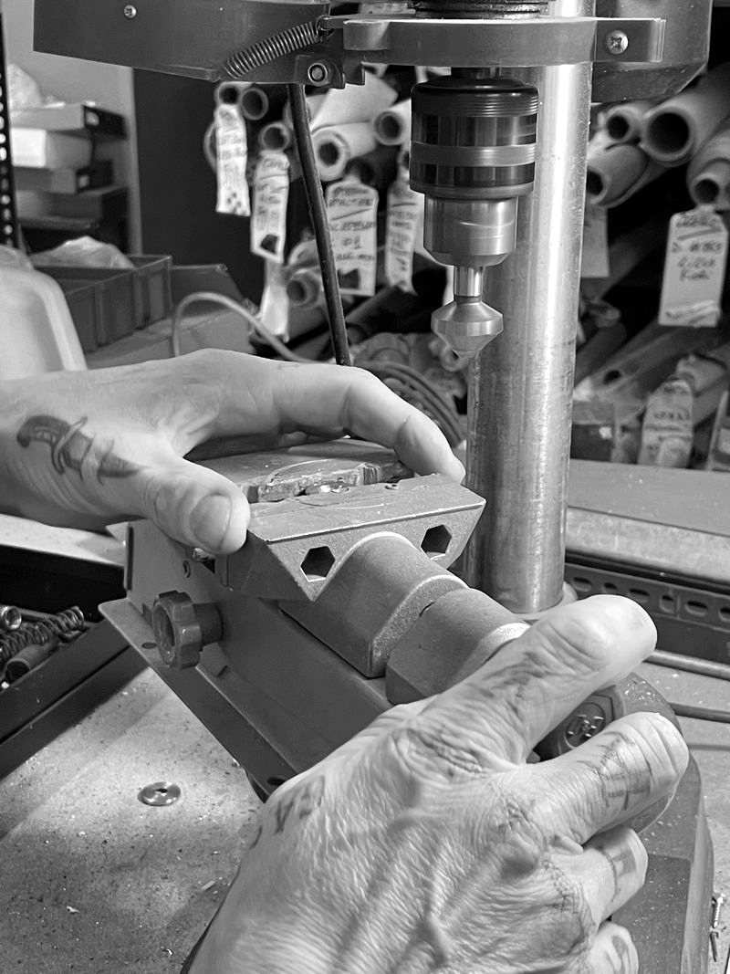 Drilling a shoe component at the drill press